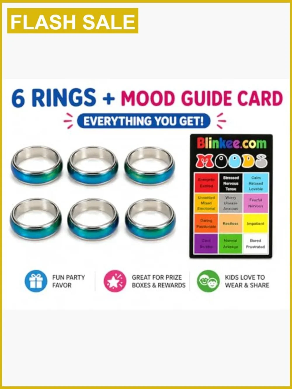 Color Changing Mood Rings for Kids, 6 Pack